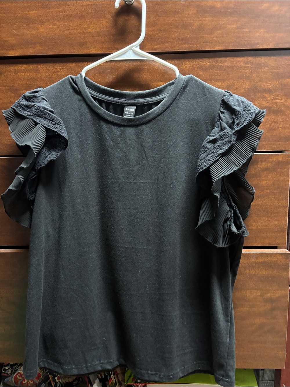 SHEIN Black Ruffle Sleeve Short Sleeve Top - L